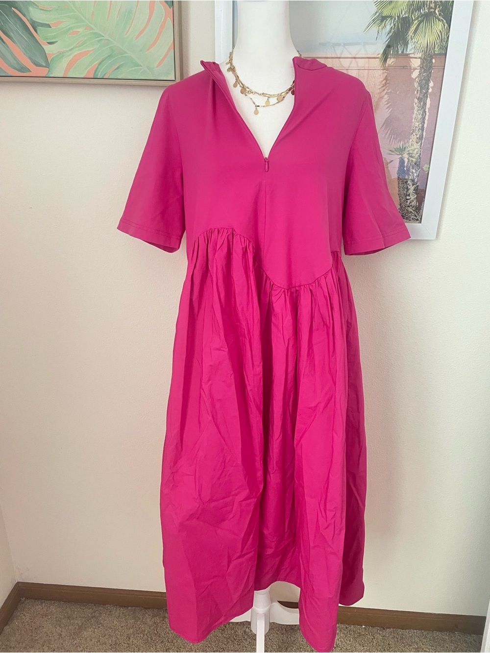 COS Pink Cotton Poplin Zipper Midi Dress in Small